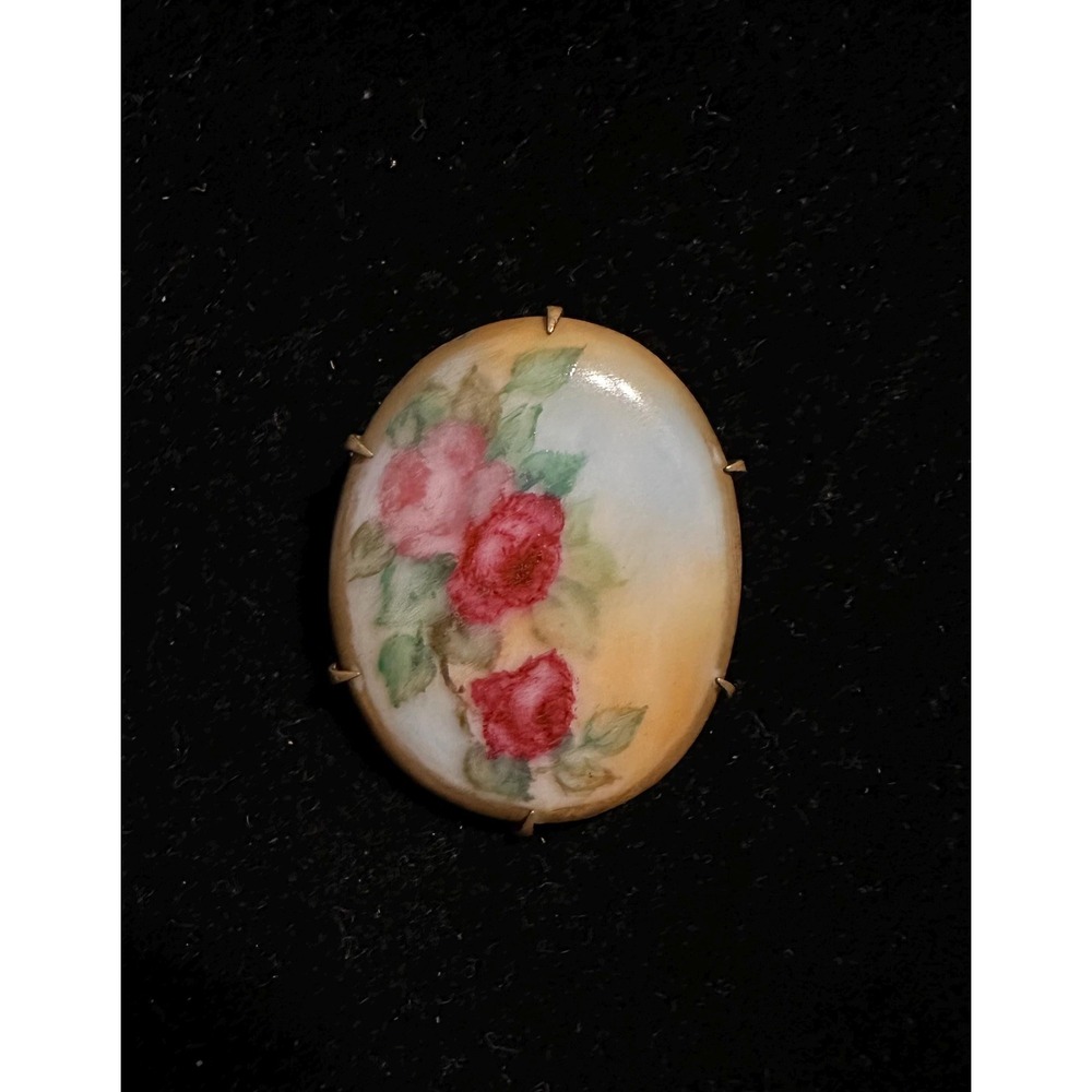 Victorian Hand Painted Porcelain Brooch Limoges Roses